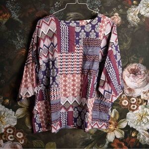 J. Jill organic cotton patchwork print blouse kimono sleeves size XLT XL tall